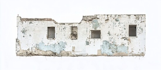Ruined building wall, exterior, daytime, white background, design element