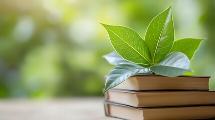 Books with green leaves, nature background; education, growth, knowledge