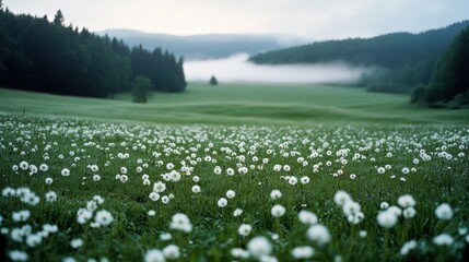 A misty dawn blankets a serene meadow with dandelions, bordered by dense forest, evoking tranquility and the gentle awakening of nature.