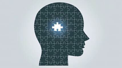 Silhouette of a human head with a glowing puzzle piece inside. Gray background.