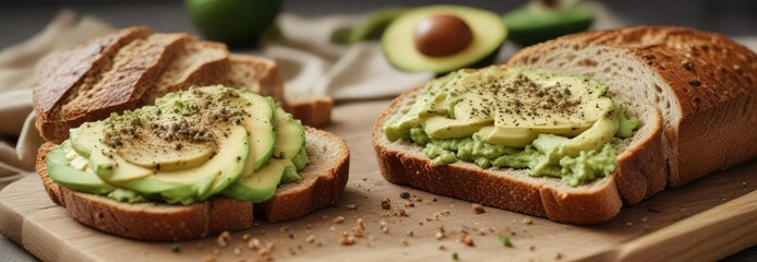 Freshly baked whole grain bread with avocado spread, energy food, whole grain bread