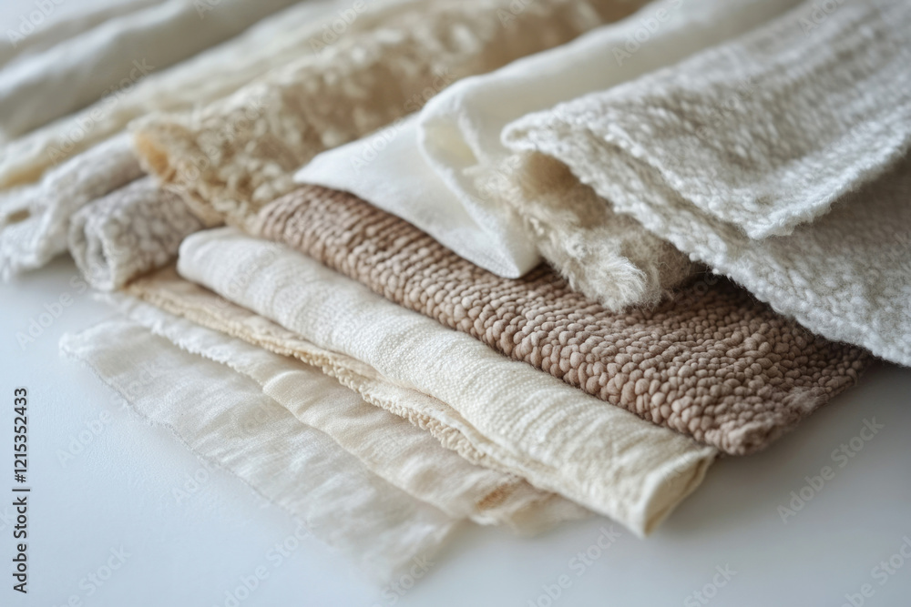 Poster a stack of various neutral-toned textile fabrics, showcasing different textures and weaves.