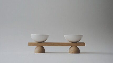 Balanced ceramic bowls on wooden scale, minimalist studio background, comparison concept