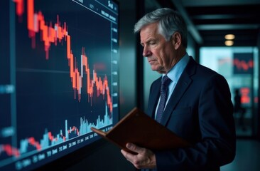 Fototapeta premium A middle-aged businessman with a tired expression, he stands near a large downward trending stock market chart displayed on a digital screen