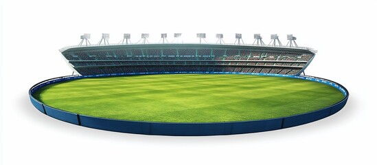Empty cricket stadium, green field, daytime, advertising