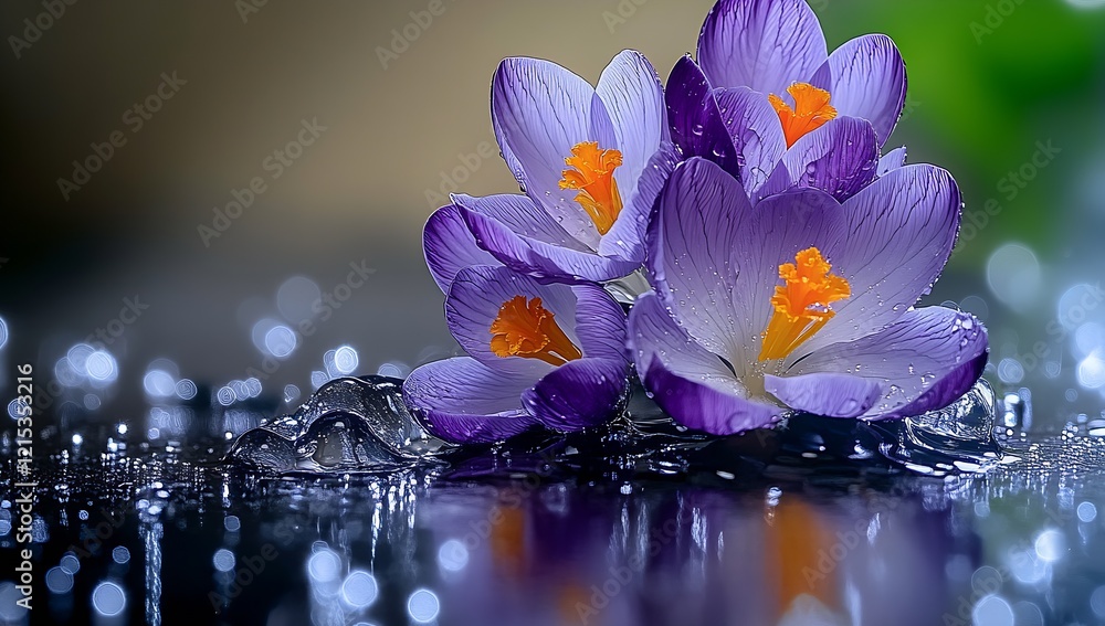 Poster delicate purple and white crocus flowers with dew drops in a mystical setting : generative ai