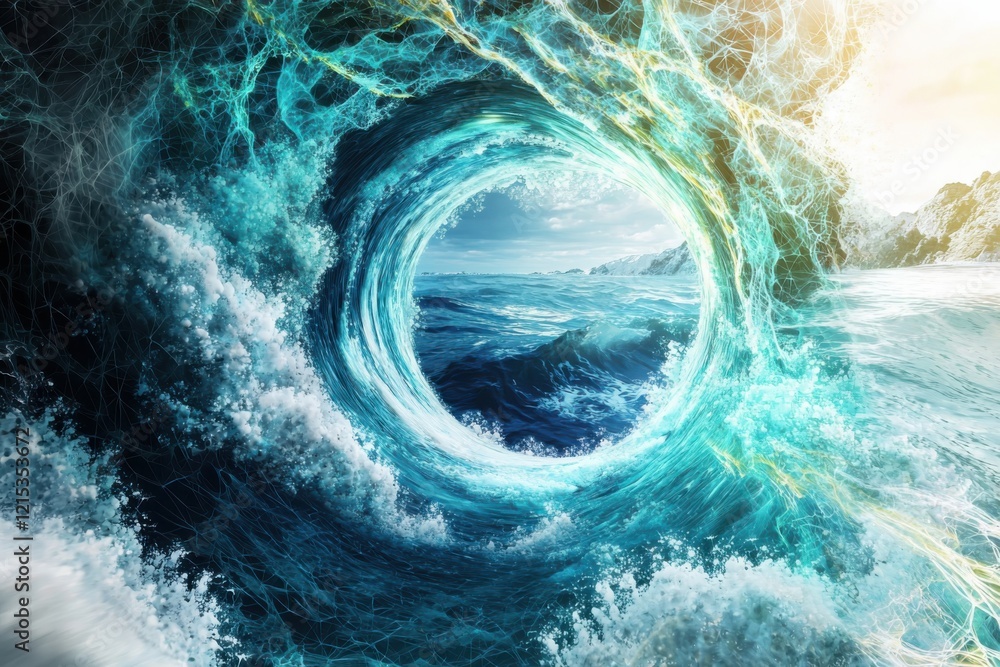 Poster dynamic ocean wave abstract coastal waters digital art vibrant environment circular view depth and i