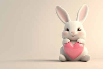 Obraz premium Cute 3D cartoon bunny rabbit with a pink heart on background.