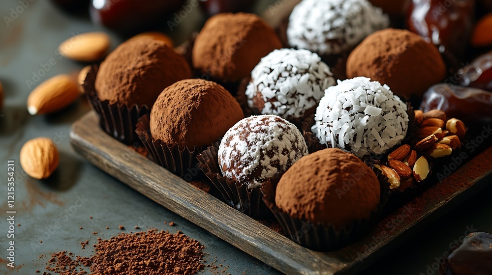 Poster assorted chocolate truffles with cocoa and coconut on rustic wooden plate : generative ai