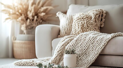 Cozy living room with knitted throw, pillows, and plants.  Perfect for home decor blogs or interior design websites