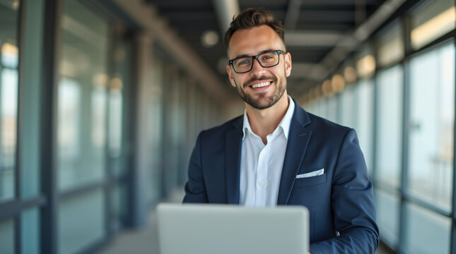 Confident male professional working over laptop and smiling at camera while standing in office corridor