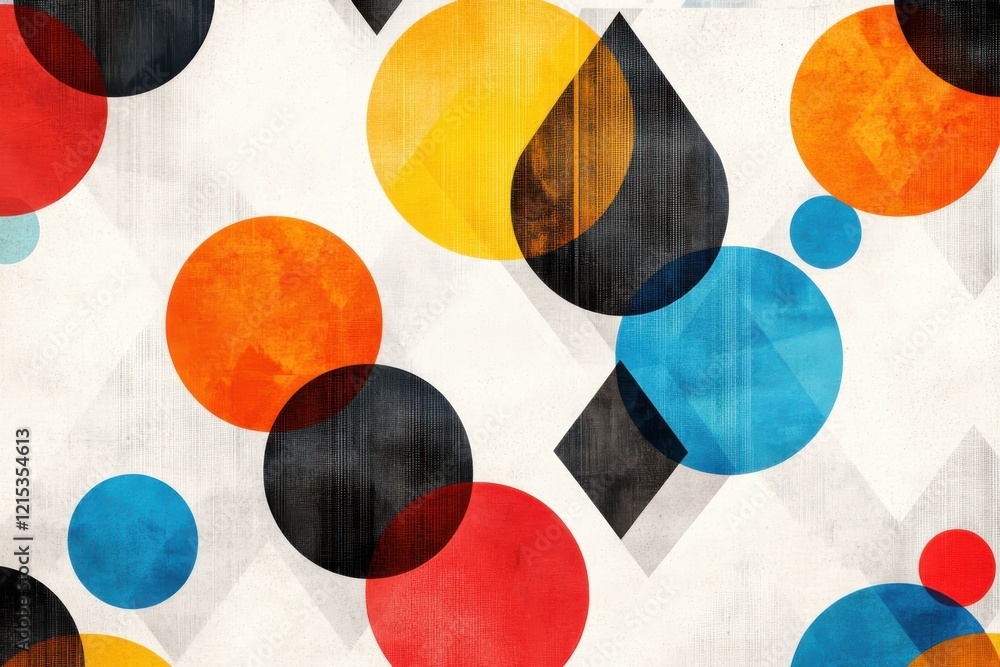 Poster geometric pattern design featuring overlapping circles and triangles in bold colors digital art abst