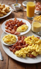 Fototapeta premium Continental Breakfast Plated with Scrambled Eggs and Bacon, morning meal, , food presentation