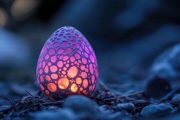 Unique decorative egg illuminated with colorful lights placed among pebbles at twilight