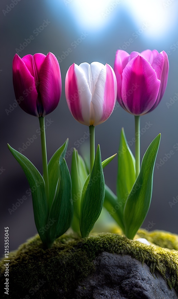 Aufkleber close-up of three tulips with dewy petals on moss with soft background blur : generative ai