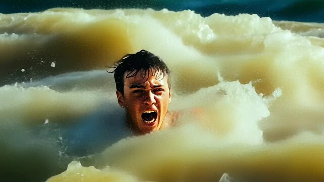Young man swimming vigorously choppy sea,daytime.battling waves ocean.Swimmer navigating turbulent waters.Person demonstrating strength rough conditions.Exciting swim experience.