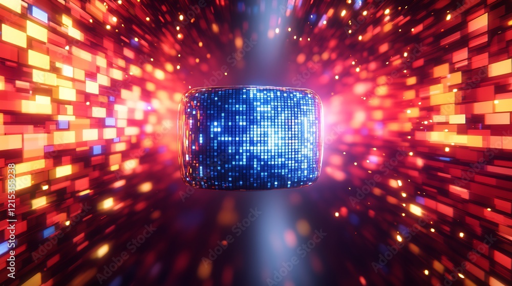 Aufkleber Stylized Digital Cube with Radiant Pixelated Light Effects in Dynamic Cyberspace : Generative AI
