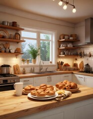 Cozy kitchen with warm lighting and baked goods, apple crisp, warm lighting, home baking