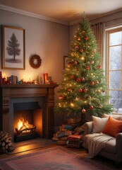 Cozy reading nook with a decorated tree and fireplace, peaceful atmosphere, reading nook, fireplace