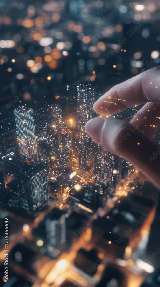 Poster exploring futuristic augmented reality interface design above a cityscape advanced technology showca