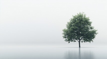 Obraz premium Solitary tree, foggy field, calm morning, reflective water, serene landscape