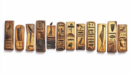 Ancient Egyptian hieroglyphs arranged on white background, studio shot, history education