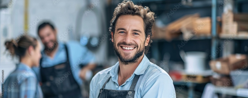 Poster carpenter posing with colleagues in the background in a carpentry workshop