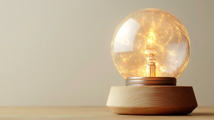 Glowing sphere lamp on wooden base, illuminated interior, light beige background, home decor