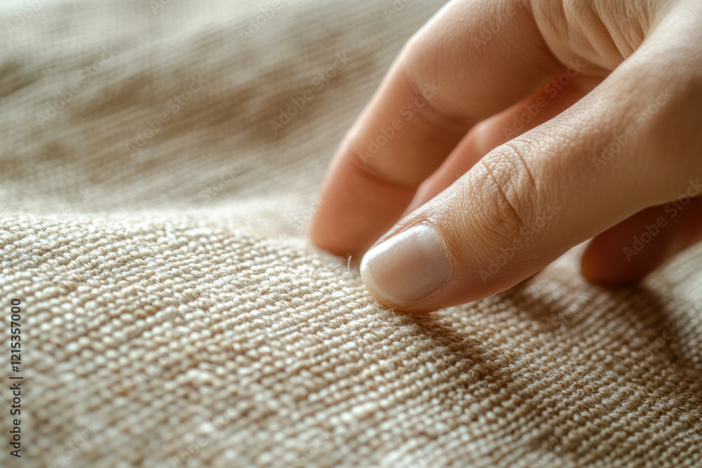 Poster a finger gently touches a textured beige linen fabric, showcasing its intricate weave and soft feel.