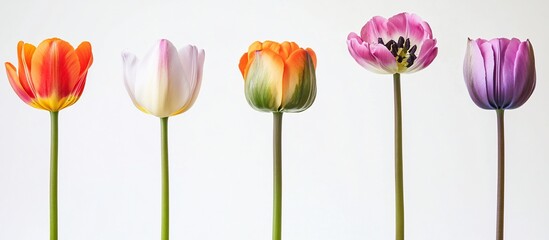 Fototapeta premium Colorful tulips studio shot; white background; spring flowers; greeting card design