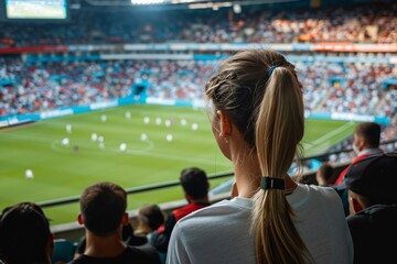 Fototapeta premium Woman football fan enjoying a soccer game at the stadium