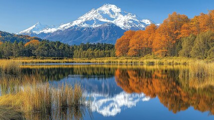 Obraz premium Autumnal reflection of a snow capped mountain in a tranquil lake