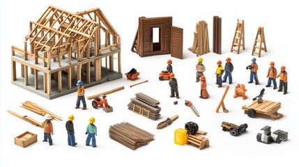Miniature construction site house framing, workers, tools, and materials on white background, ideal for architectural models