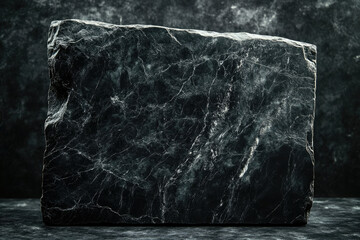 A dark, rough-hewn stone slab stands against a textured black backdrop.