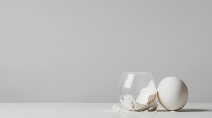 Fototapeta premium Broken egg shell in glass, whole egg beside, minimal grey background, food photography