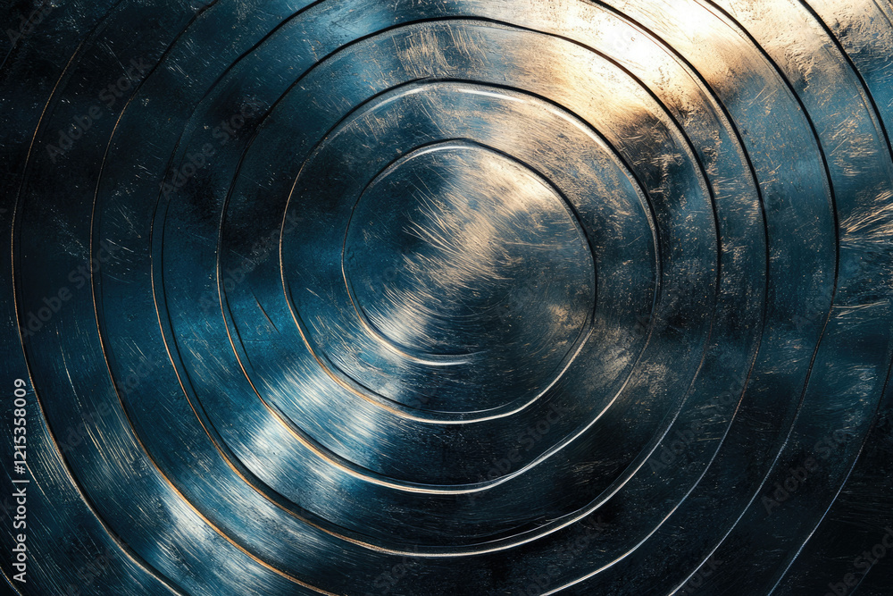 Aufkleber abstract concentric circles on a dark metallic surface, showing texture and light reflections.