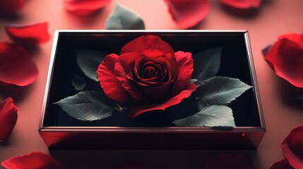 Luxurious Rose Display in Glass Box Surrounded by Petals for Romantic and Elegant Decor : Generative AI