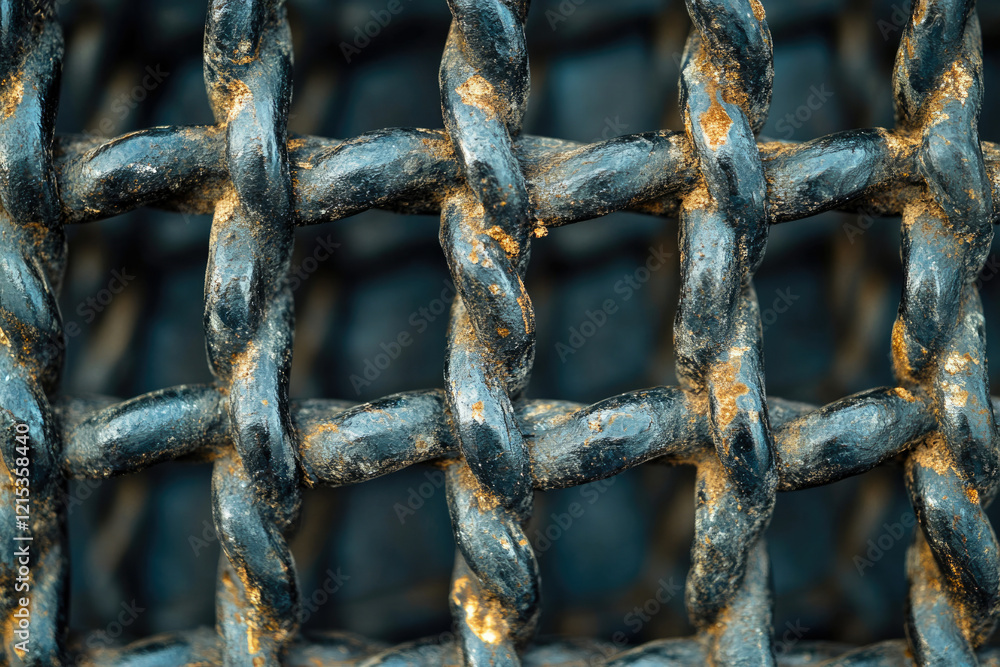 Poster close-up of a rustic, dark metal grid with a textured surface showing signs of age and wear.
