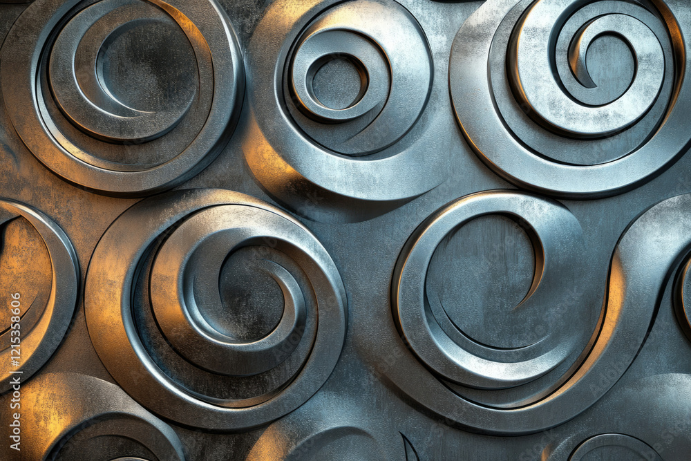 Poster Abstract metallic background with swirling circular patterns, textured surface.
