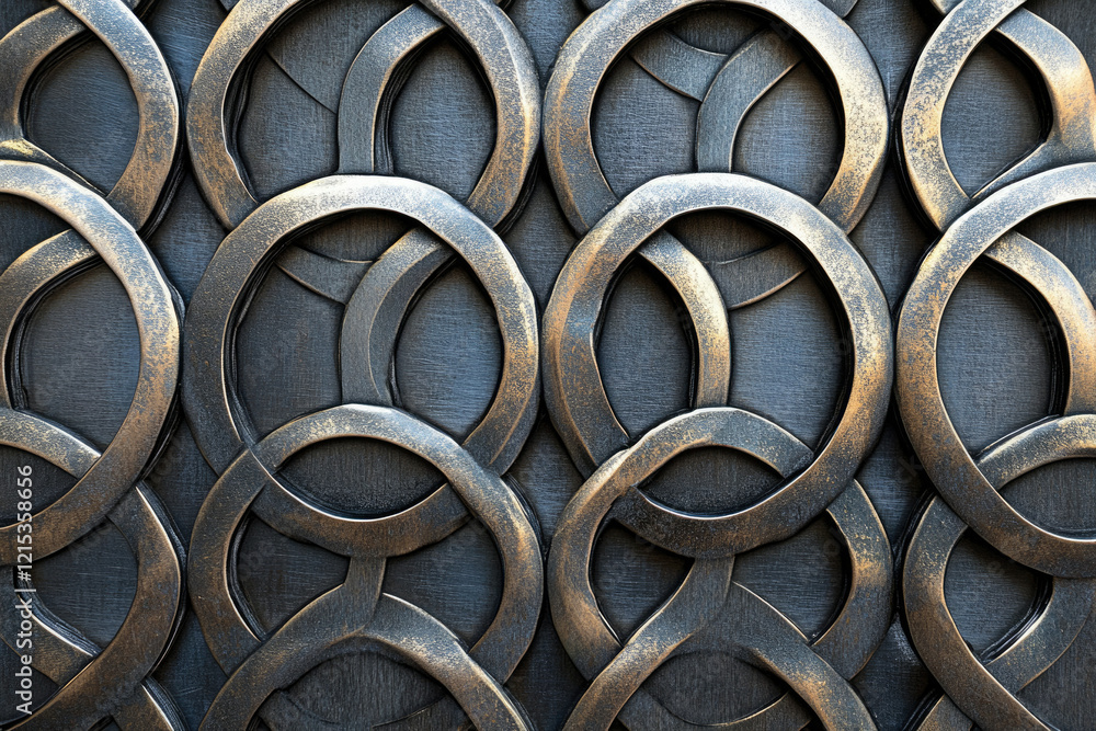Poster intricate bronze metal rings create a repeating geometric pattern, showing detailed craftsmanship an