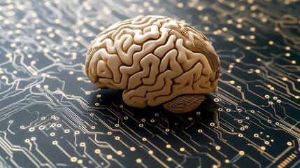 Human brain model on circuit board; AI, technology, future, innovation; website banner, article illustration