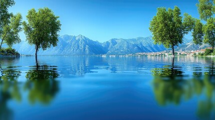 Fototapeta premium Serene mountain lake scene with lush green trees