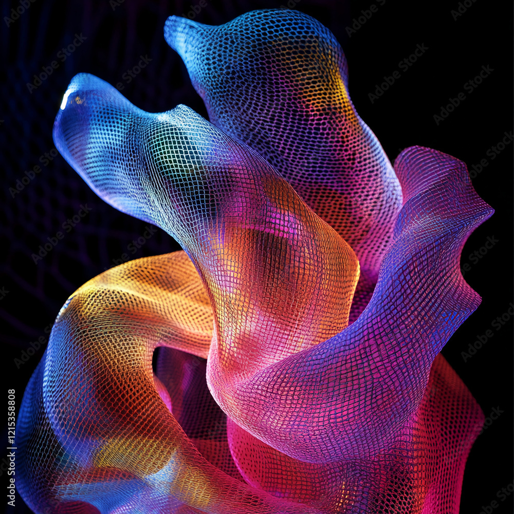 Poster vibrant colorful abstract mesh art with glowing curves and dynamic light effects