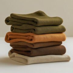 Stack of folded colorful woolen sweaters in earthy tones