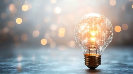 Illuminated Idea Networked lightbulb on a surface, bokeh background.  Concept image for innovation, technology, and connection