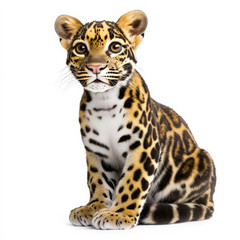 Obraz premium Adorable clouded leopard cub sitting, isolated.