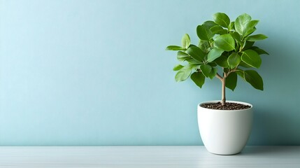 Indoor plant, white pot, blue wall background, home decor, website banner