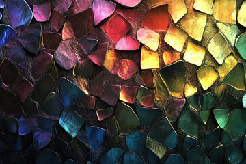 Abstract iridescent mosaic pattern with vibrant colors and irregular shapes creating a luxurious and jewel-toned texture.
