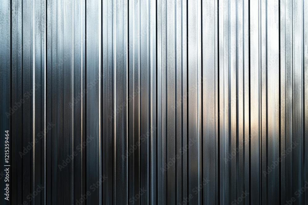 Aufkleber close-up view of corrugated metal sheet, reflecting light and shadow, showing texture and pattern.