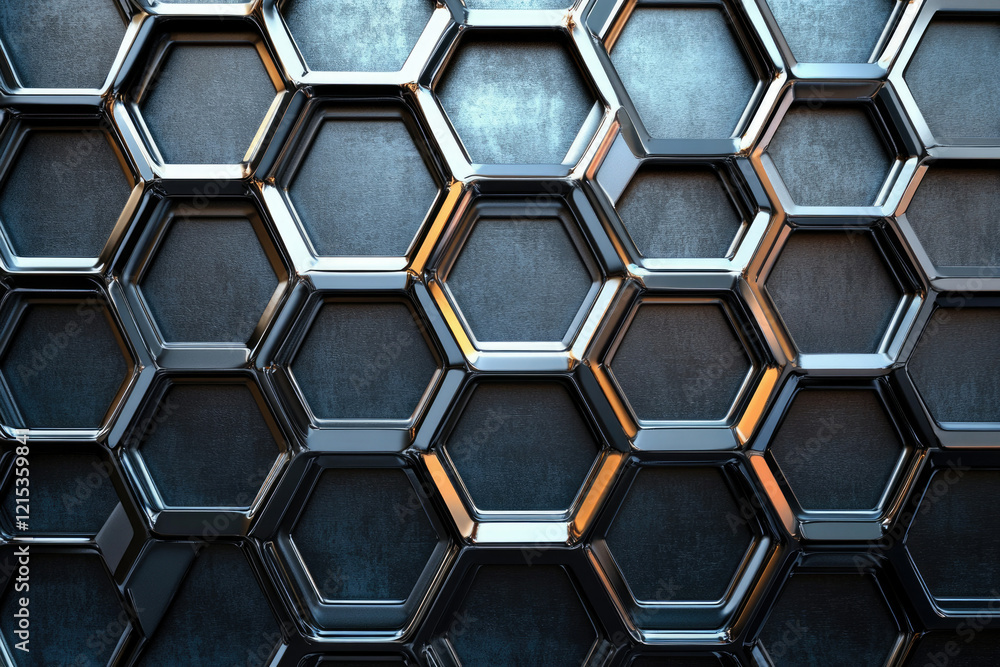 Poster a metallic hexagonal grid pattern, dark and reflective, creates a modern, abstract background.